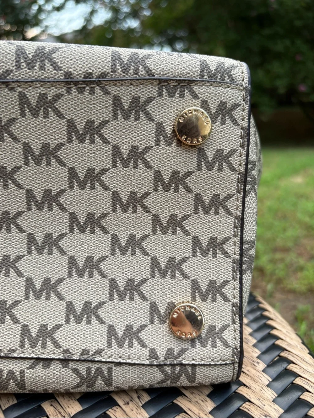 Michael Kors Beige Brown MK Monogram Satchel Top Handle Zip